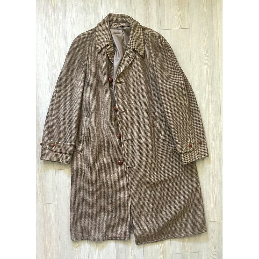 Harris Tweed Men's VTG Wool Tweed Overcoat Sz 44 Brown/Beige Houndstooth Lined